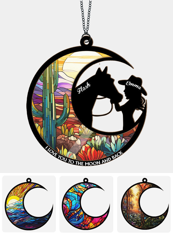 I Love You To The Moon Horse Girl Stained Glass - Personalized Horse 2 Layered Window Hanging Suncatcher