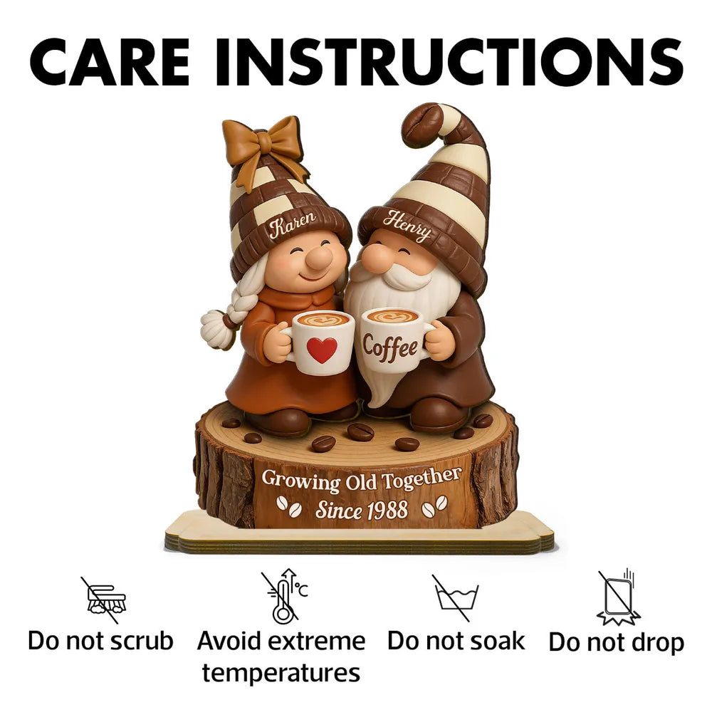 Personalized Wooden Plaque with Cute Coffee Gnomes, Rustic Countertop Decor, Unique Couple Gift for Growing Old Together