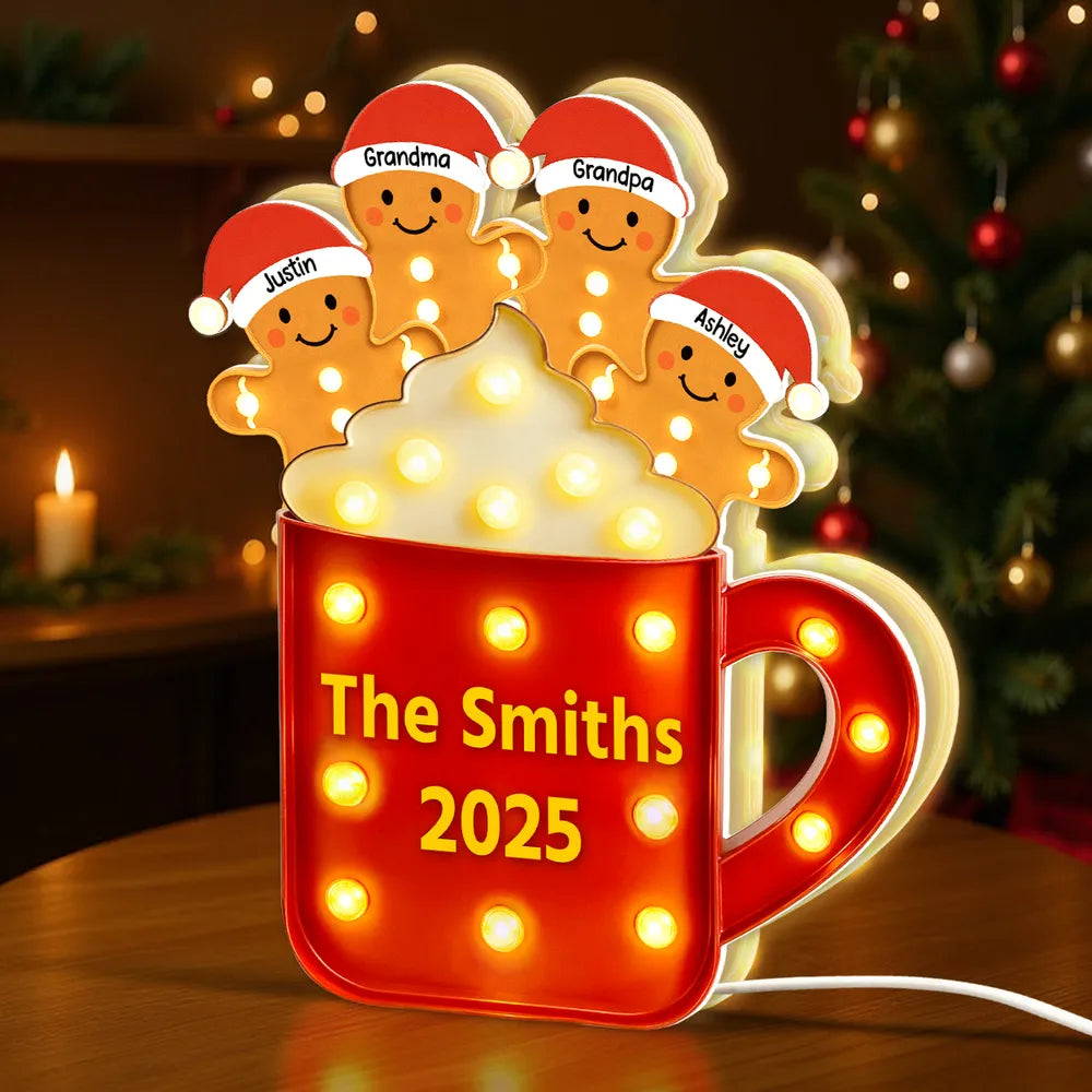 Acrylic Light Box Gingerbread Mug with Santa Hats, Cozy Christmas Glow, Custom Design, Unique Family Gift