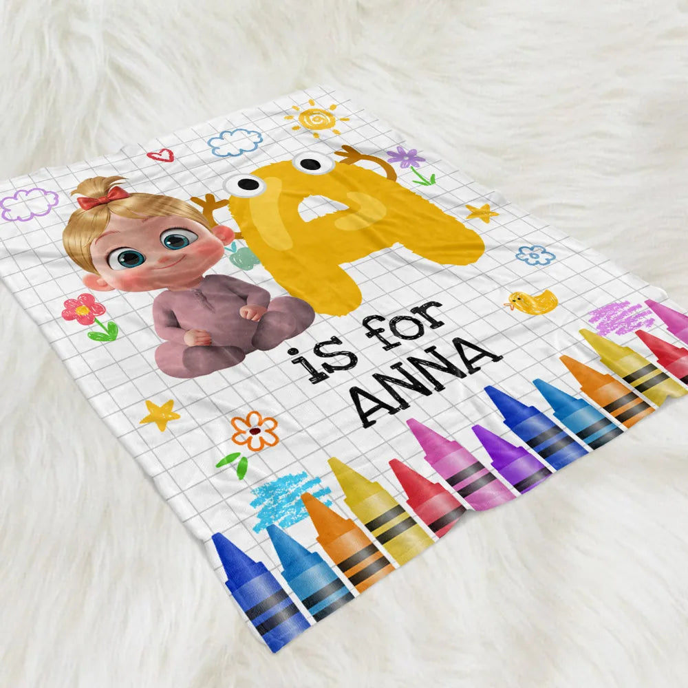Cute Cartoon Baby Holding Big Letter Fleece Blanket, Personalized Nursery Throw For Snuggles & Smiles, Thoughtful Gift