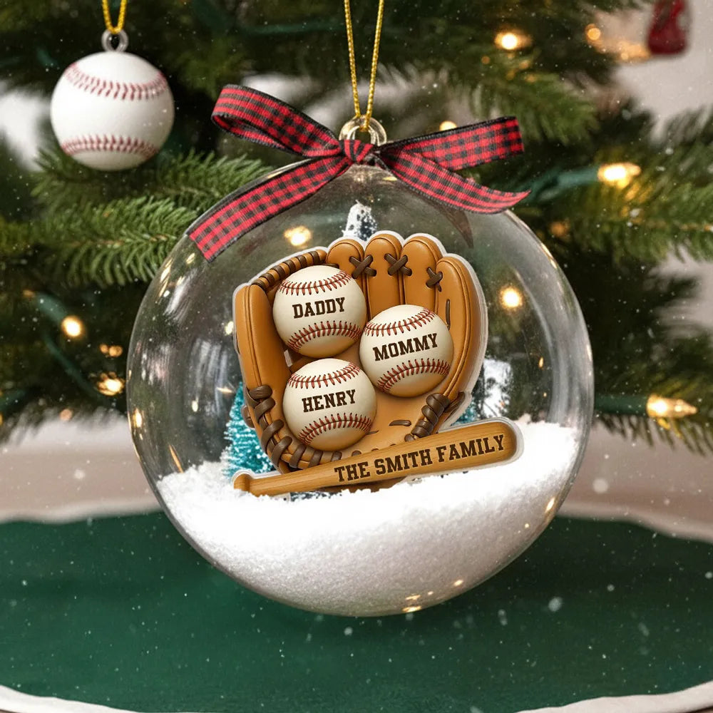 Snow Globe Ornament with Baseball Glove & Softball, Custom Family Keepsake for the Tree, Unique Holiday Gift for Sports Fans