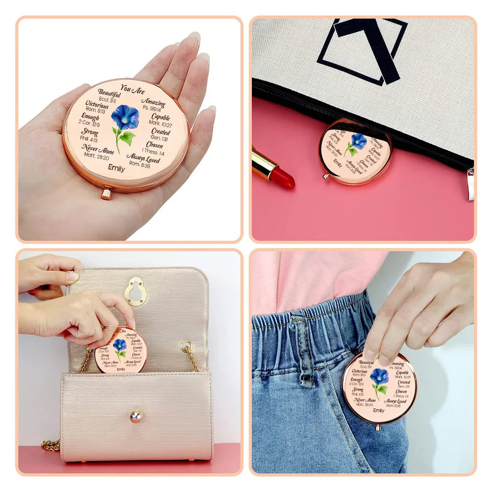 Metal Compact Mirror Personalized Name Gift with Uplifting Faith Words Lily Art Daily Reminder for Mom Daughter Friend