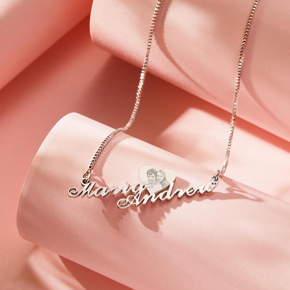 Engraved Heart Photo With Names - Personalized Couple Engraved Heart Photo Necklace