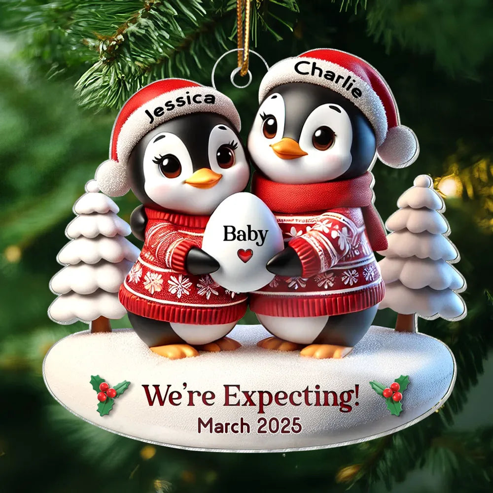 Custom Penguin Couple Acrylic Ornament for Parents-to-Be, Heartwarming Holiday Keepsake and Creative Baby Reveal Gift