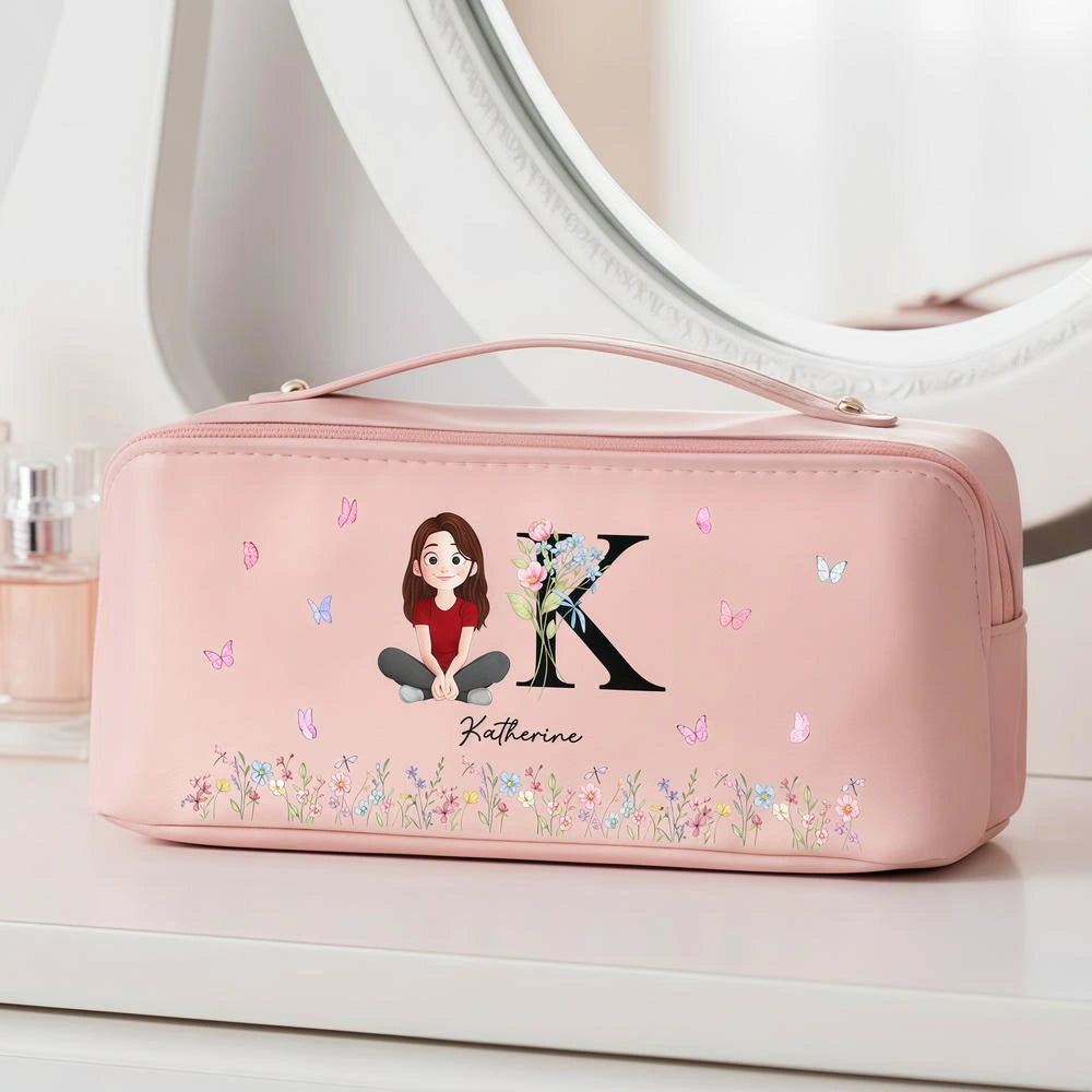 Personalized Leather Makeup Bag with Initial & Cartoon Girl, Spacious Travel Makeup Organizer, Cute Unique Gift for Her