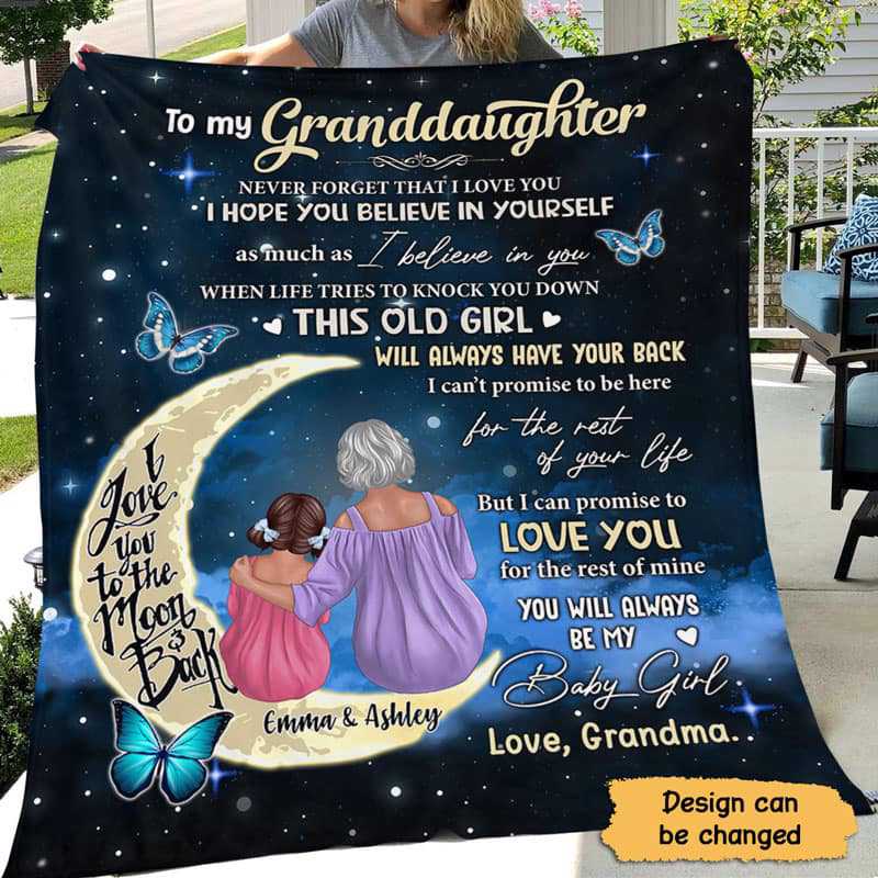 Personalized Fleece Blanket with Grandma and Granddaughter on Moon, Night Sky Throw, Cozy Unique Gift from Grandma