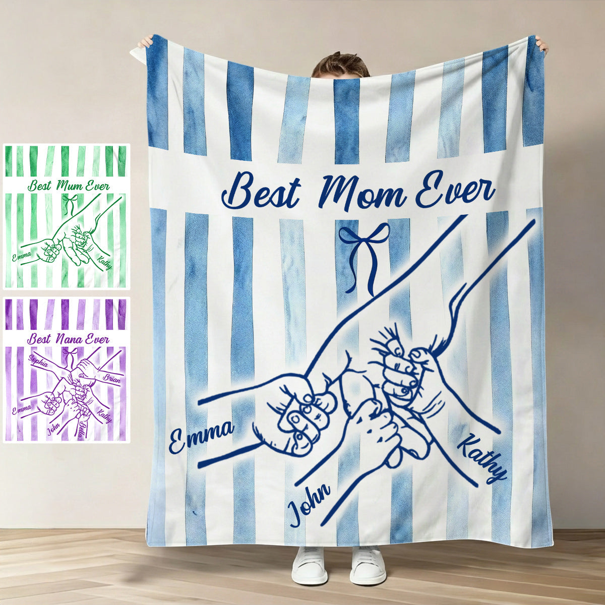 Best Mom Ever Hands Holding Retro Pastel Stripes - Personalized Mother Blanket