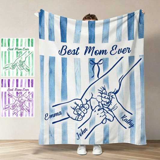 Best Mom Ever Hands Holding Retro Pastel Stripes - Personalized Mother Blanket