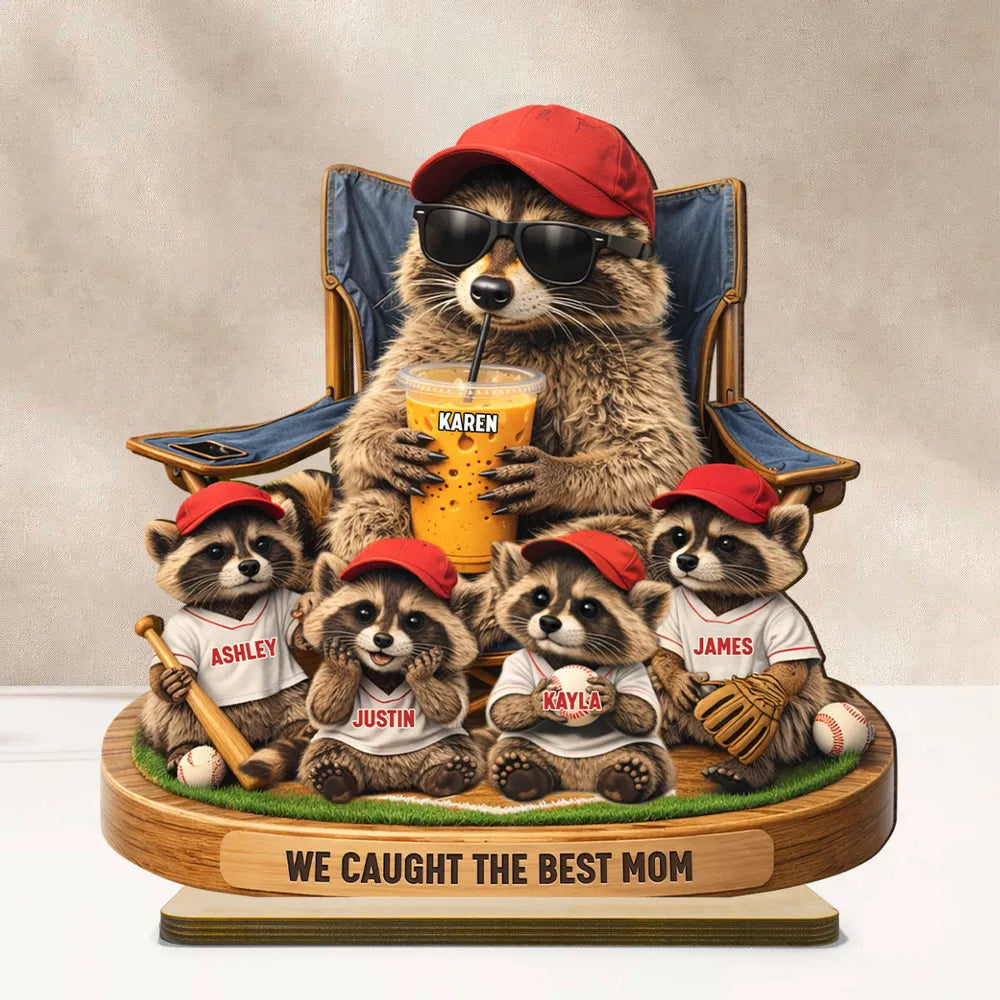 Personalized 2-Layer Wooden Plaque, Funny Raccoon Baseball Dad Scene, Unique Father's Day Gift