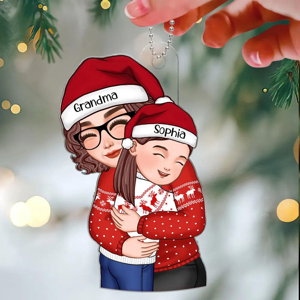 Acrylic Ornament with Grandma & Granddaughter Hug Design, Christmas Sweater Style, Clear Print, Perfect Holiday Gift