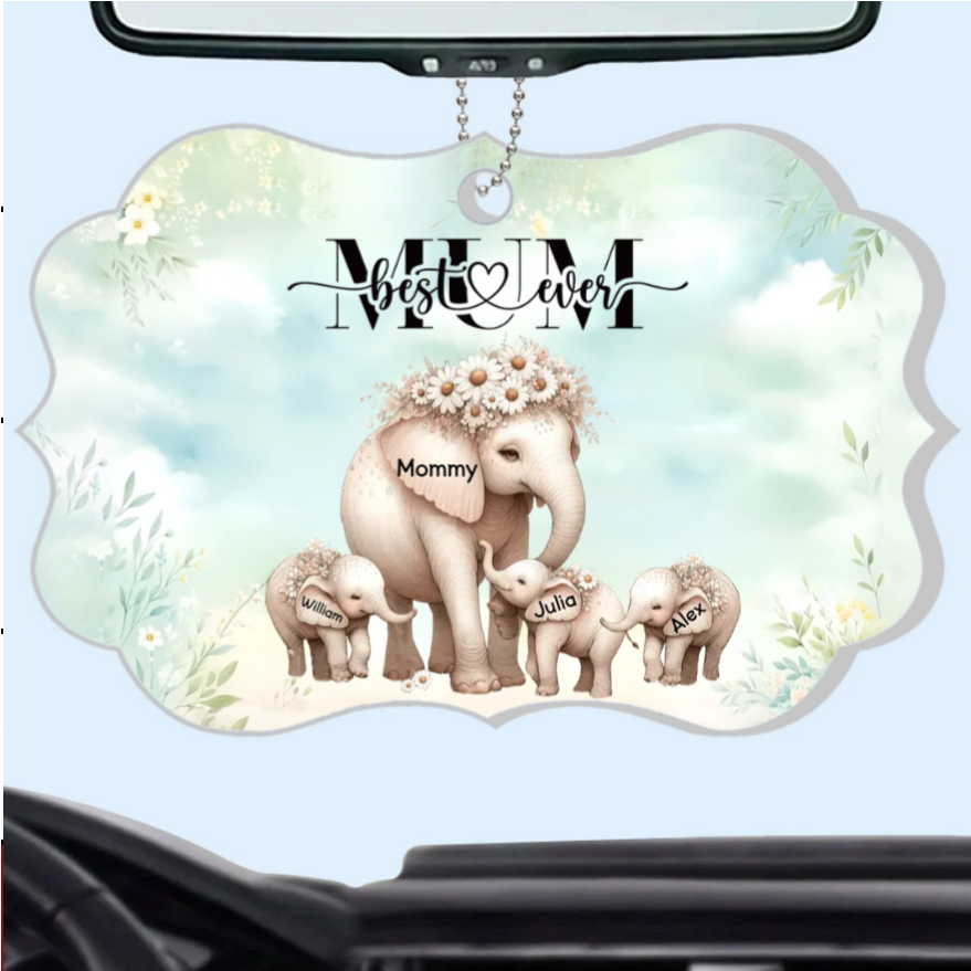 Personalized Mom Elephant Ornament – Custom Car Hanger for Mother