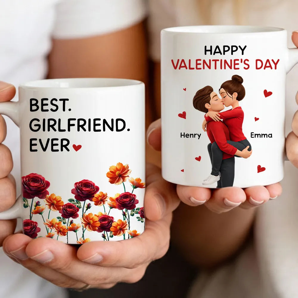 Personalized Valentine's Day Couple Kissing White Ceramic Mug with Birth Flowers, Cute Romantic Gift for Girlfriend or Boyfriend