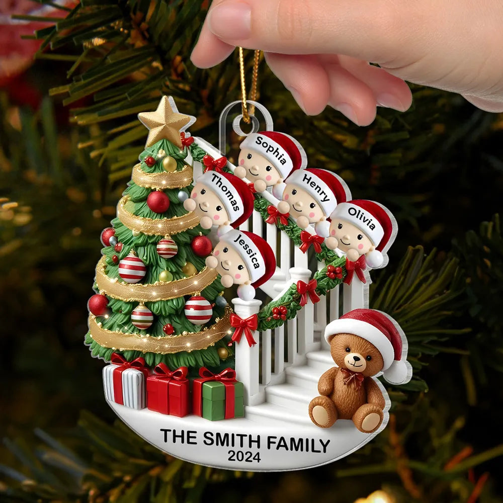 Acrylic Ornament Custom Family Staircase Scene, Santa Hats & Gifts, Cute Festive Decor, a Creative Gift for the Whole Family
