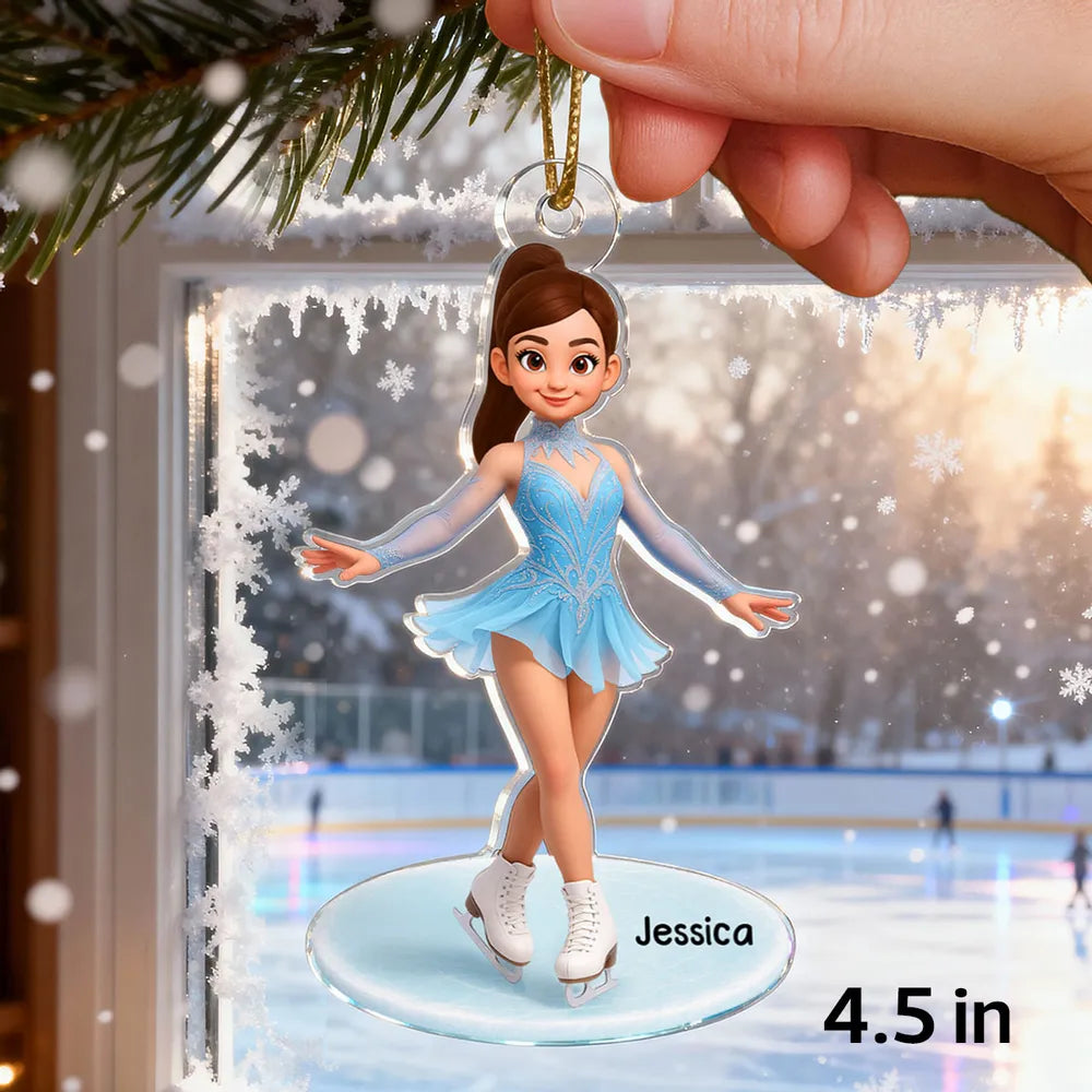 Cute Figure Skater Acrylic Ornament for Holiday Tree, Winter Wonderland Decor and Creative Gift for Daughters and Young Skaters