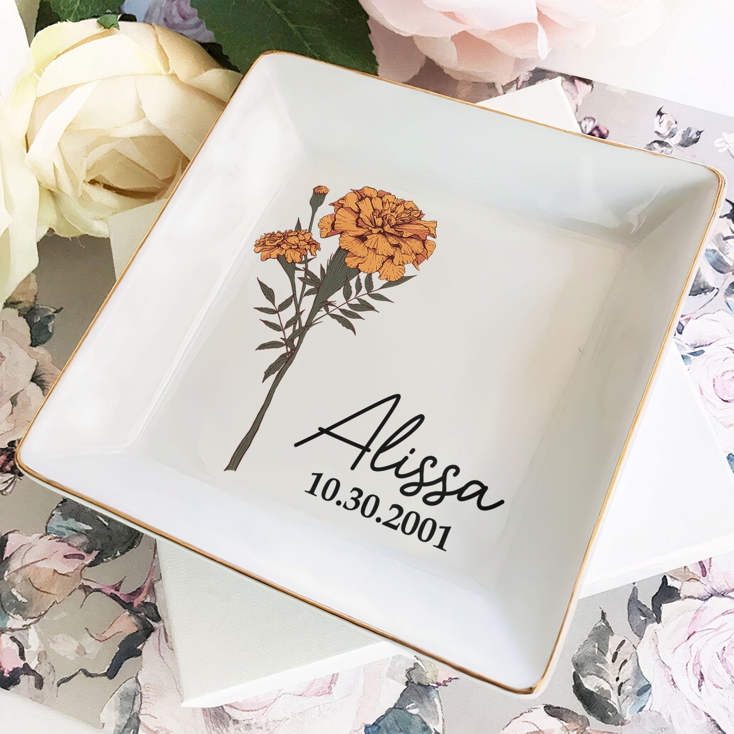 Personalized Jewelry Dish – Birth Month Flower Ring Tray with Name and Date