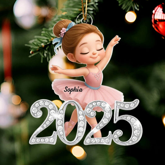 Personalized Acrylic Ornament Ballerina Girl with Sparkly Year Detail for Christmas Tree Decor, Unique Gift for Kids