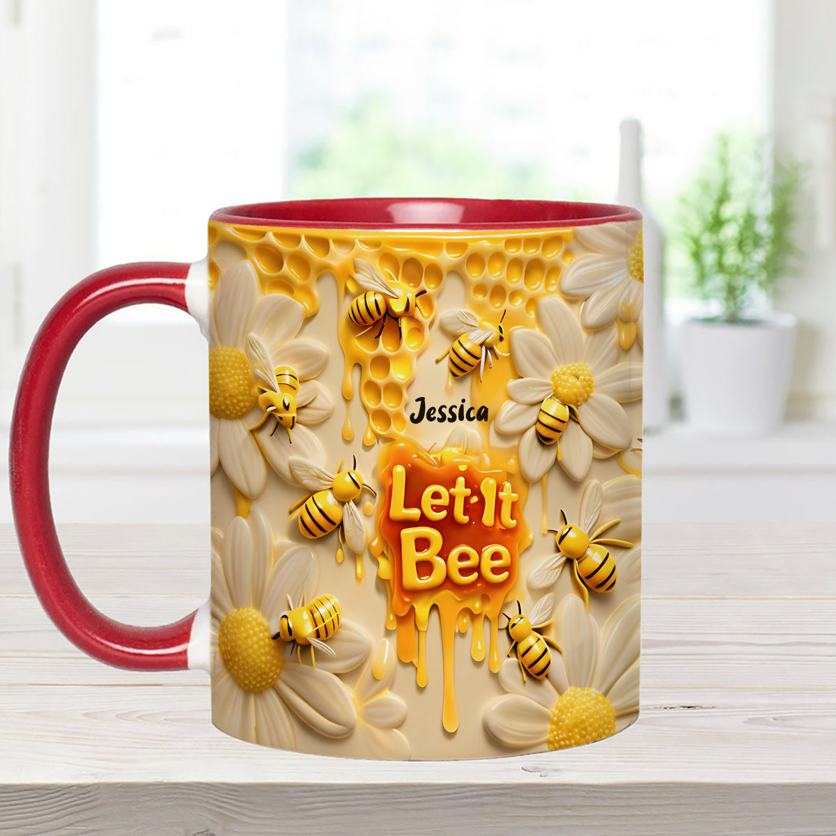 Let It Bee, Bee Flowers - Personalized Bee Set Accent Mug with Acrylic Stirrers