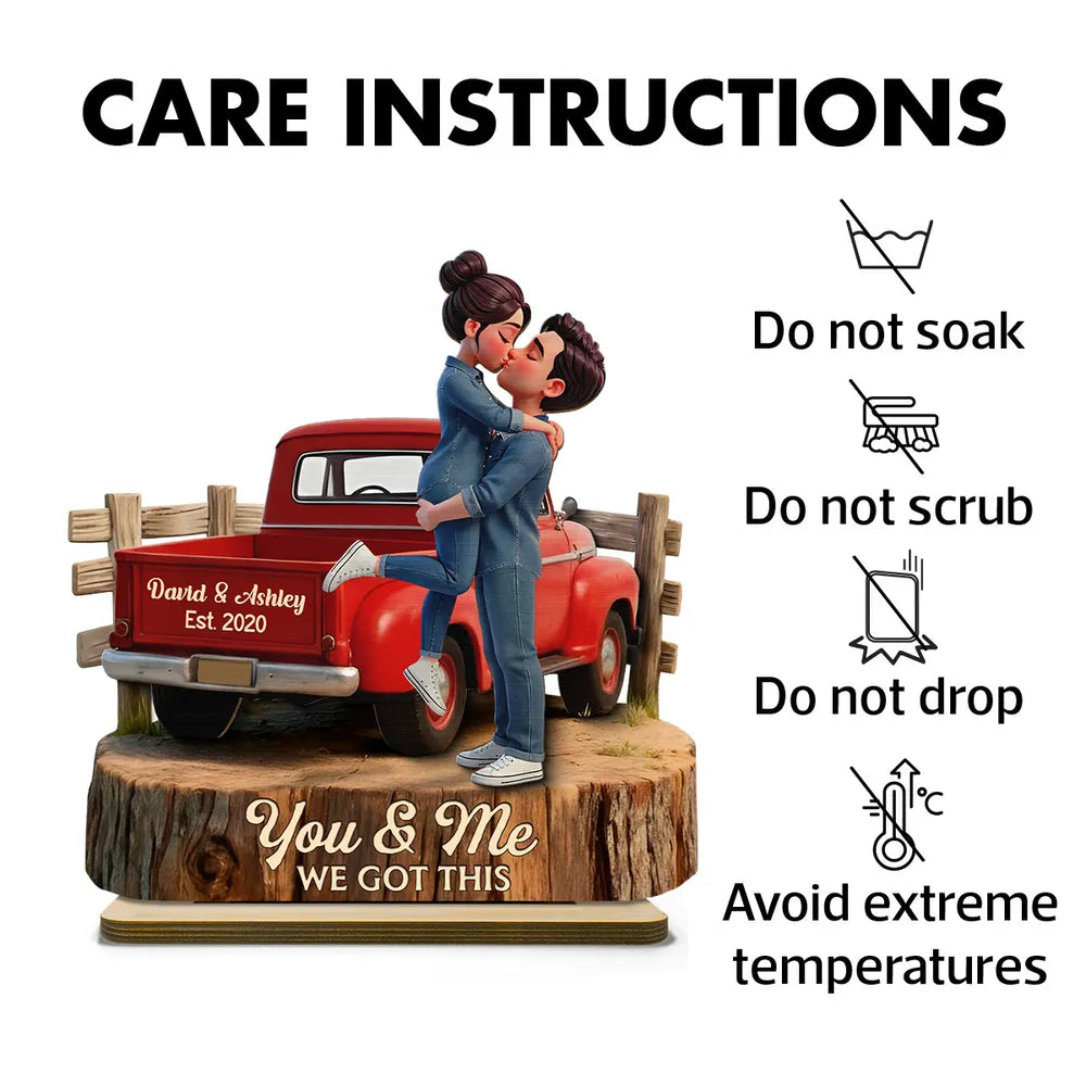 Personalized 2-Layer Wooden Plaque with Kissing Couple in Red Pickup Truck, Farmhouse Decor, Unique Gift for Couples