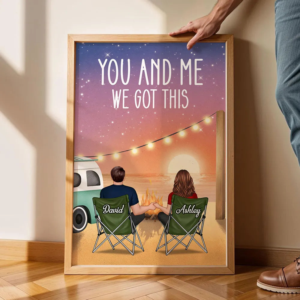 Romantic Personalized Poster of a Couple Holding Hands by a Beach Campfire, Starry Sunset Wall Art, Unique Gift for Couples
