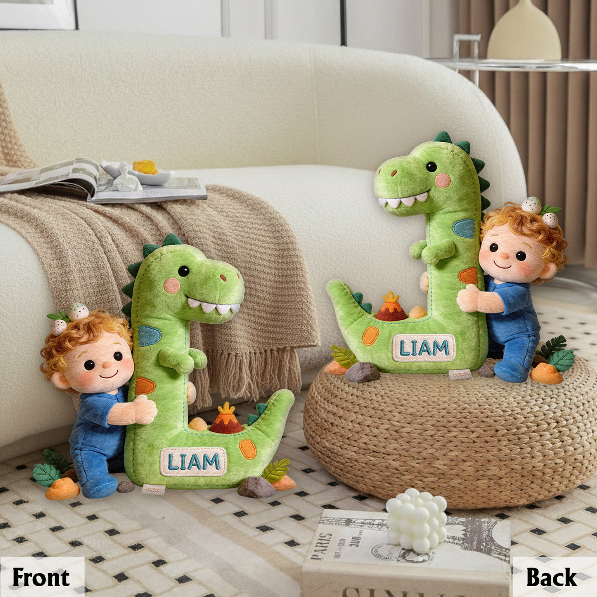 Dinosaur Alphabet Letter & Custom Photo - Personalized Kid Premium Faux Fur Pillow