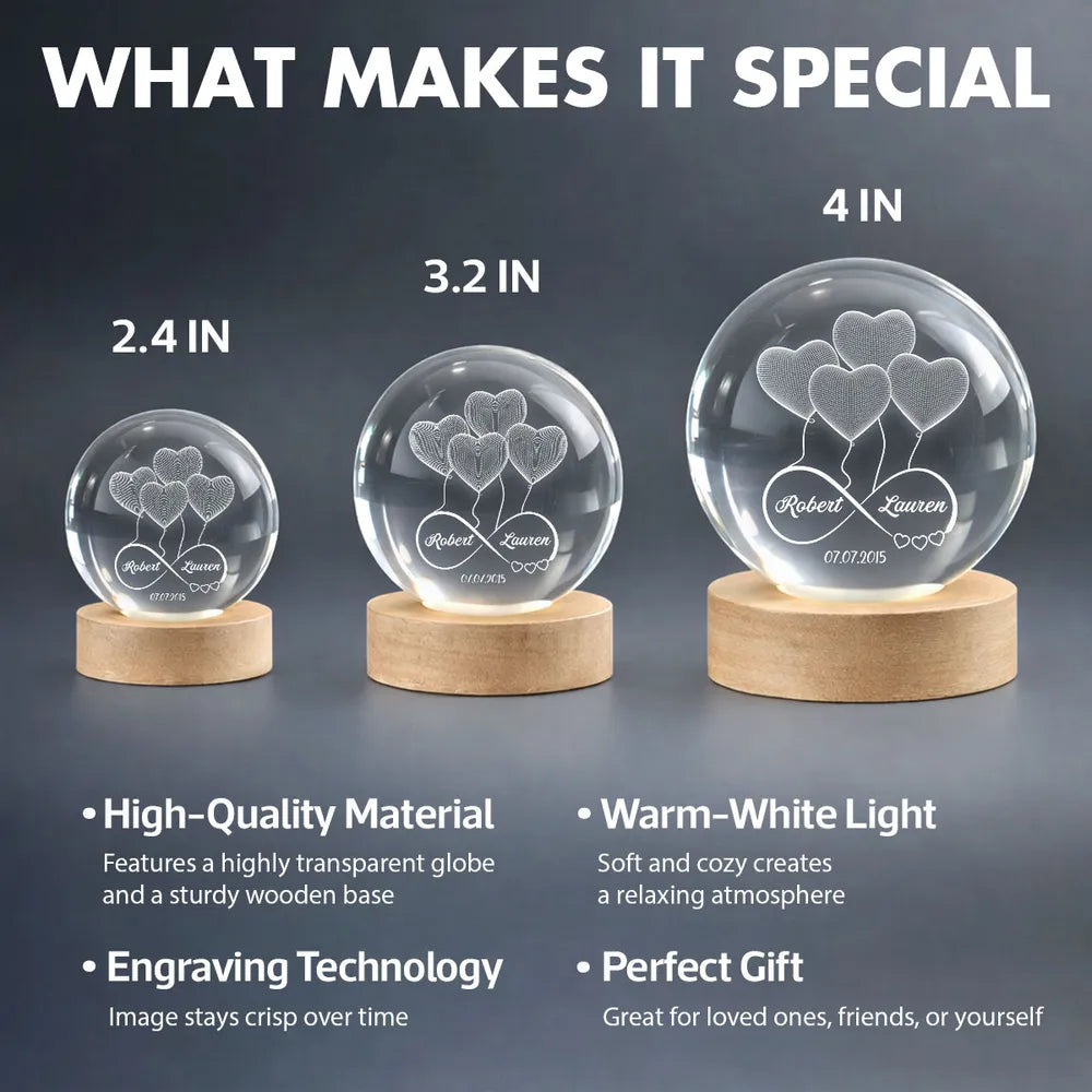 Personalized Crystal Ball LED Night Light Infinity Heart Balloon Couple Night Light, Romantic Bedroom Decor, Unique Gift for Her or Him