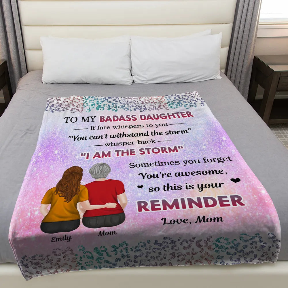 Custom Blanket Mom And Daughter Sitting Together Back View, 'I Am The Storm' Quote, Cozy Throw Gift For Daughter