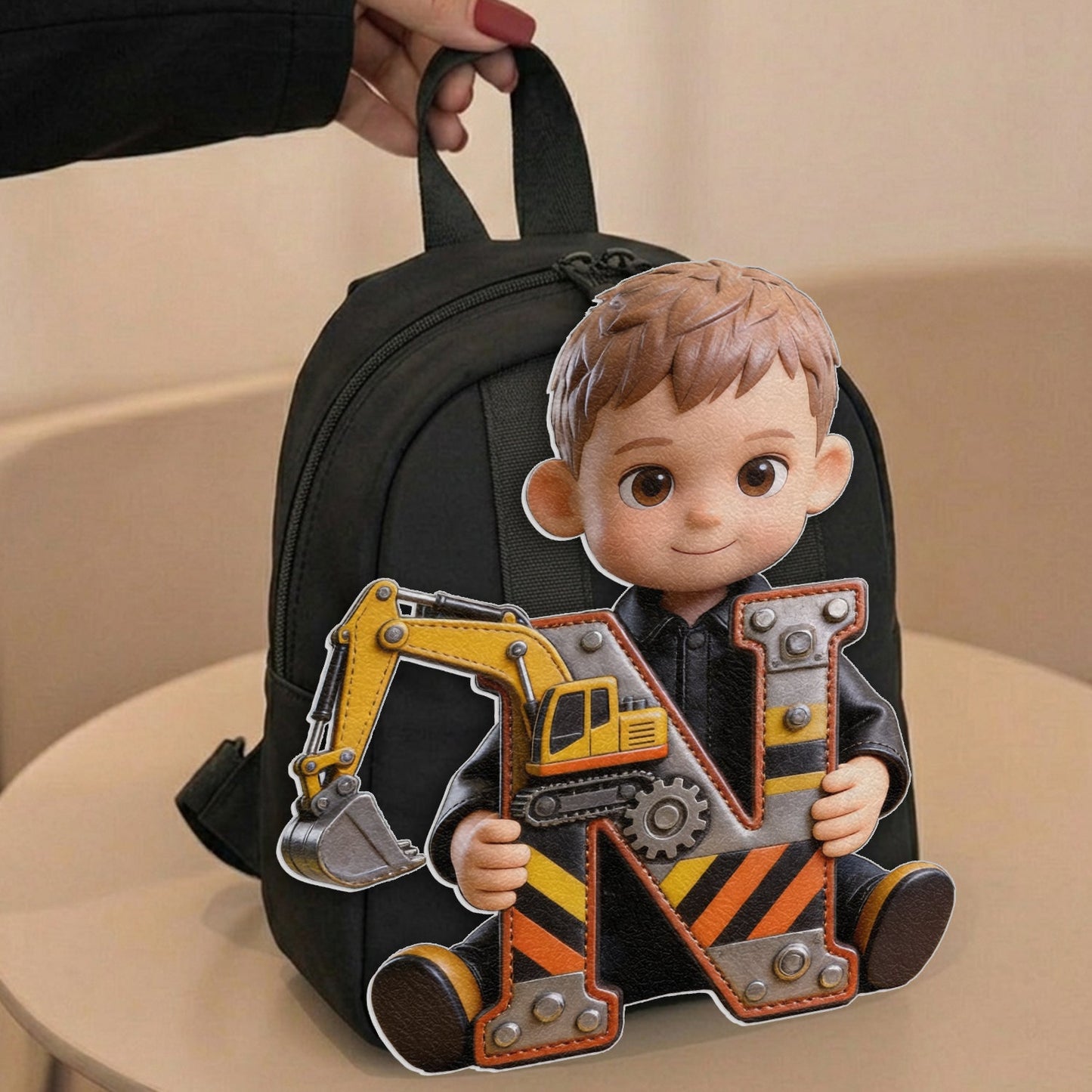 Alphabet Letter Construction Theme - Personalized Kid Changeable Leather Patch Backpack