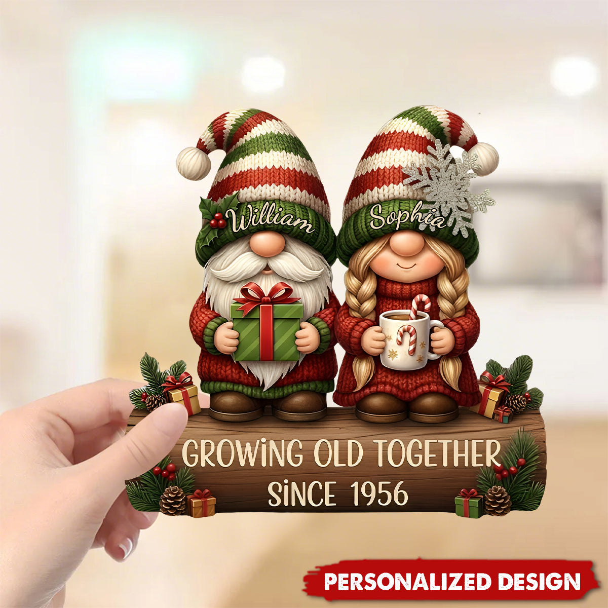 Custom Growing Old Together Wooden Plaque with Cute Christmas Gnome Couple Sentimental Display Piece Thoughtful Gift for Partner