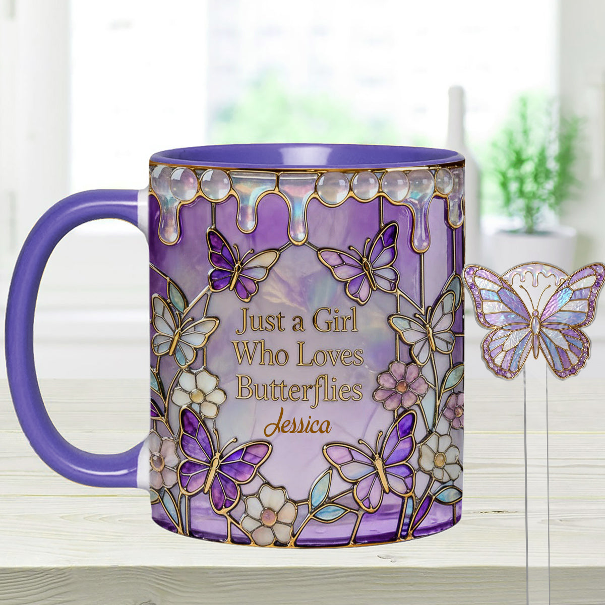 Just A Girl Who Loves Butterflies - Personalized Butterfly Set Accent Mug with Acrylic Stirrers