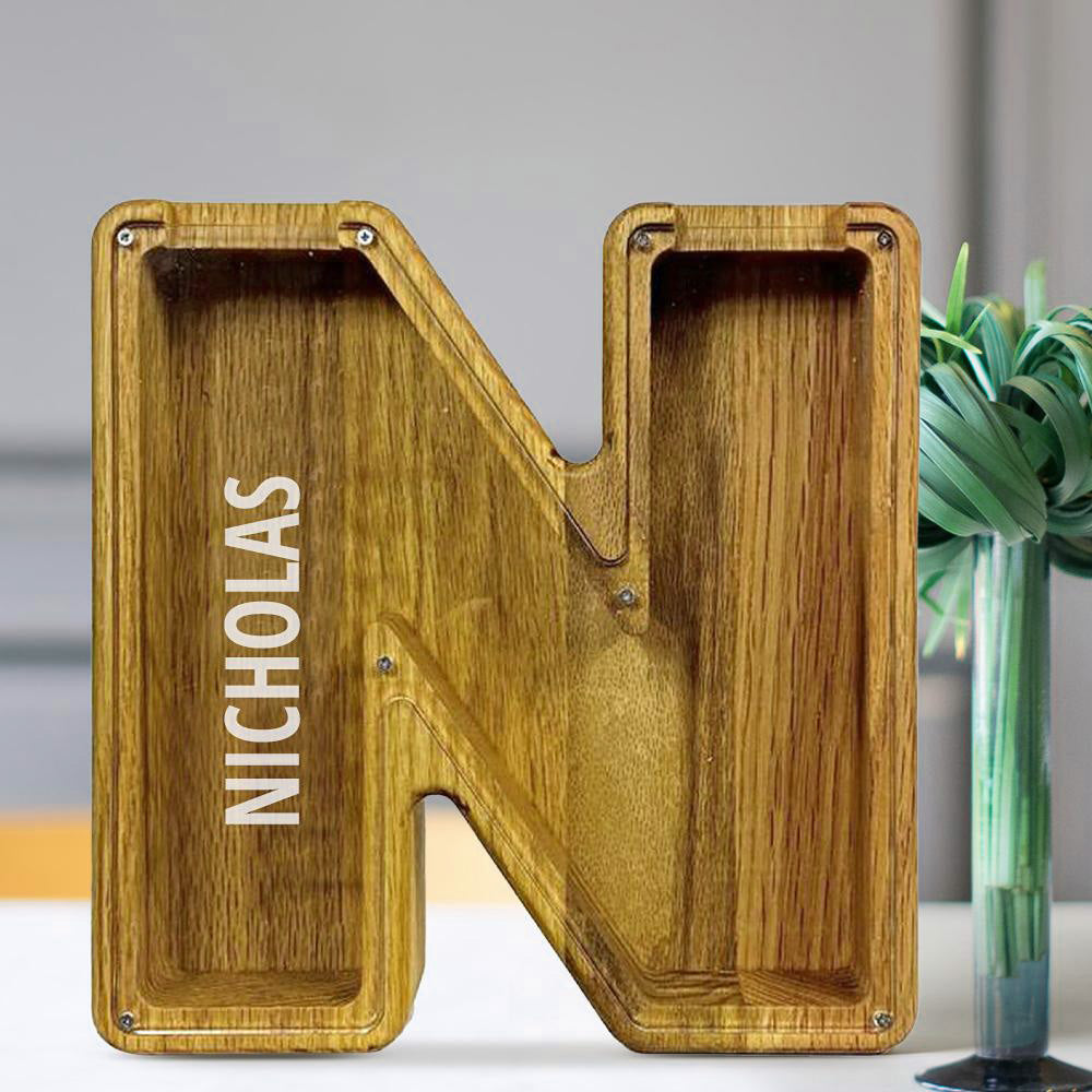 Custom Initial And Name - Personalized Letter And Name Tung Wooden Piggy Bank