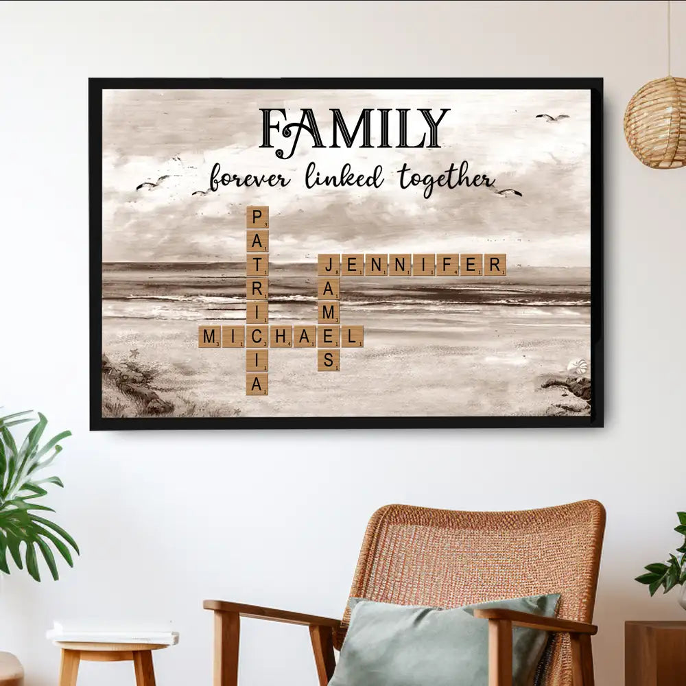 Family Forever Linked – Personalized Family Scrabble Poster, Keychain, Plaque, Ornament, Pillow, Cup, Sign, and Wallet Card for Mother’s Day or Family Gifts