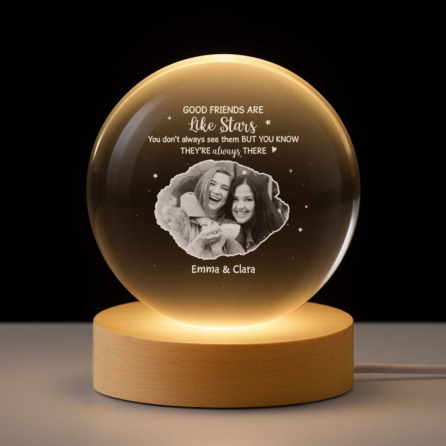 Personalized Crystal Globe Lamp with Photo – “Good Friends Are Like Stars” Meaningful Night Light Gift for Best Friends