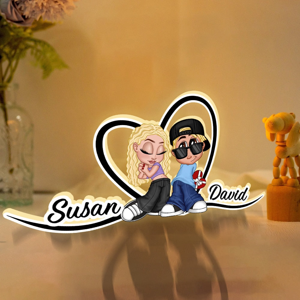 Custom LED Plaque - Adorable Couple with Romantic Heart Scene - Unique Gift for Boyfriend & Girlfriend