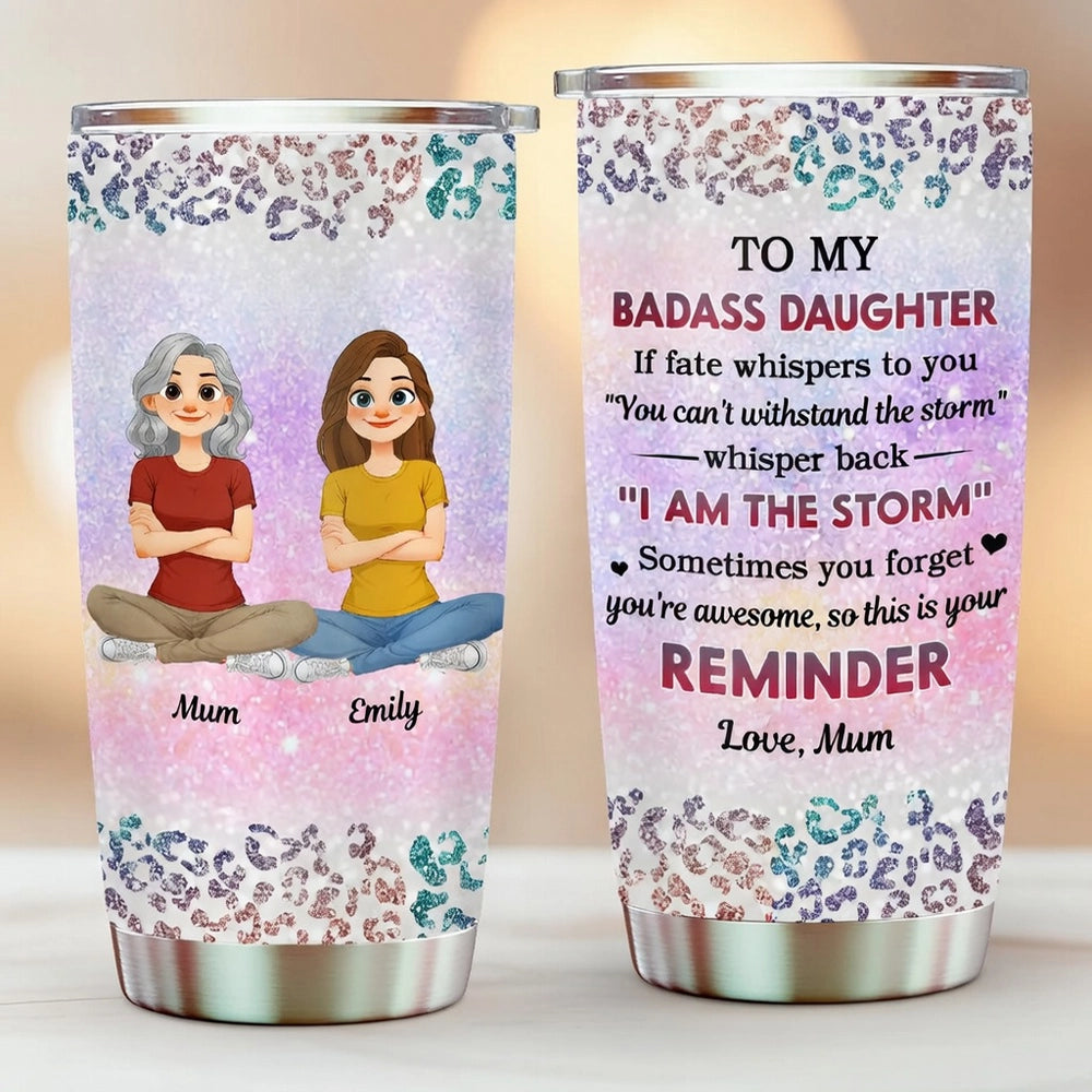 Personalized Insulated Travel Tumbler with Cute Cartoon Mom and Daughter - Unique Gift for Her, Bright Leopard Glitter Style