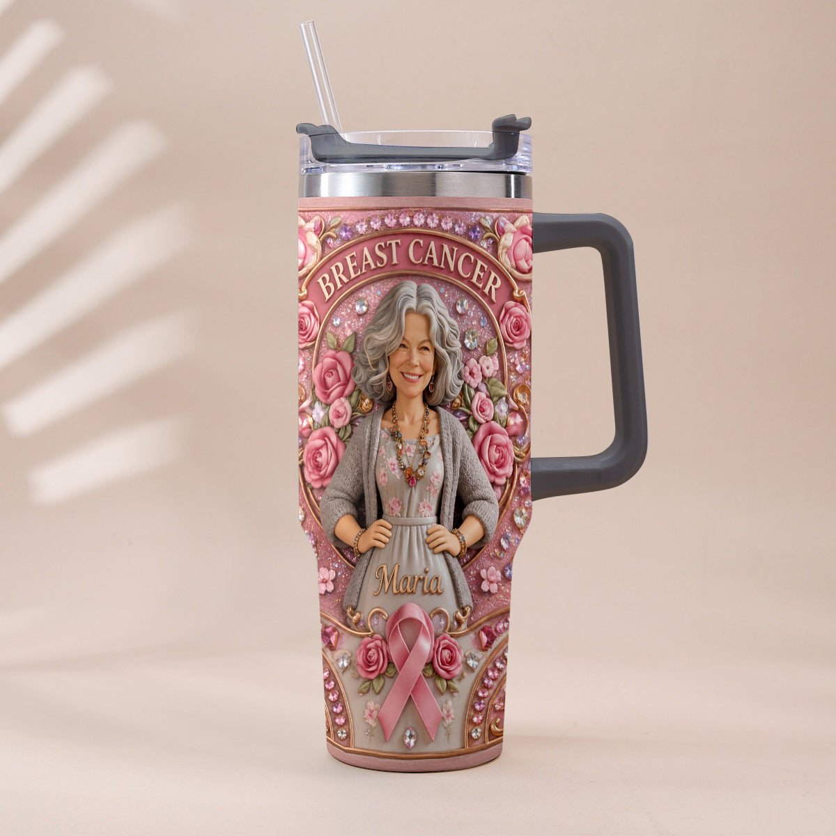 Hope Strength Love - Personalized Breast Cancer Awareness Tumbler With Plush Charm