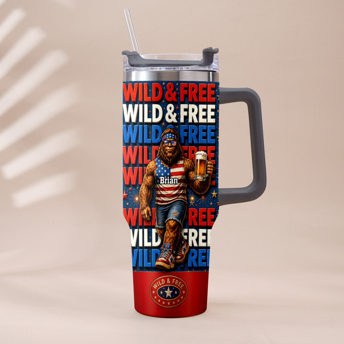 4th of July, Bigfoot Independence Day - Personalized Bigfoot Tumbler With Handle