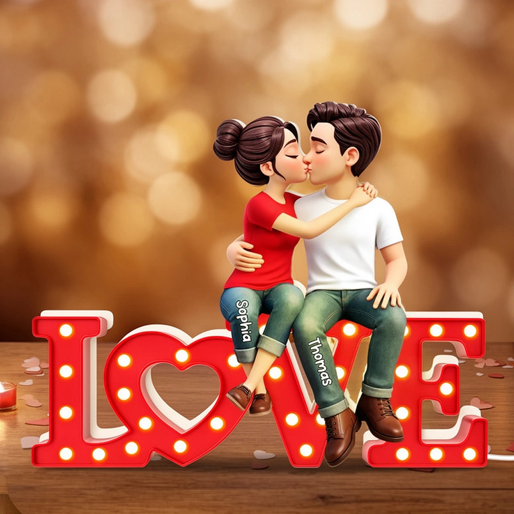 Personalized Acrylic Light Box with Kissing Couple on LOVE Sign, Warm Glow Bedroom Decor, Unique Gift for Him or Her