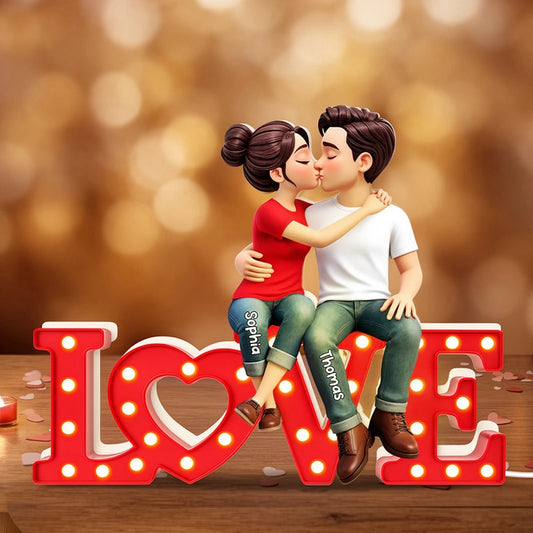 Personalized Acrylic Light Box with Kissing Couple on LOVE Sign, Warm Glow Bedroom Decor, Unique Gift for Him or Her