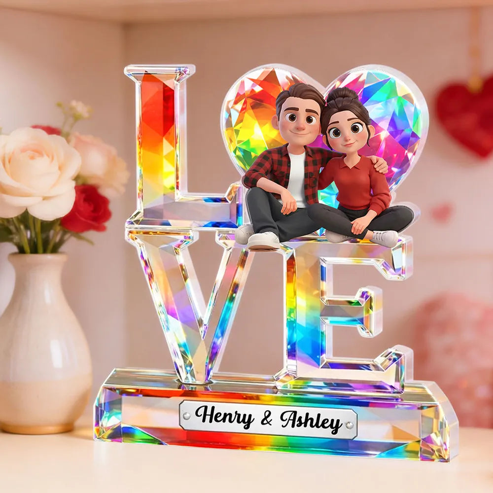 Personalized LOVE Shaped Acrylic Block Plaque With Cozy Sitting Couple, Rainbow Crystal Look Decor, Unique Gift For Her Or Him