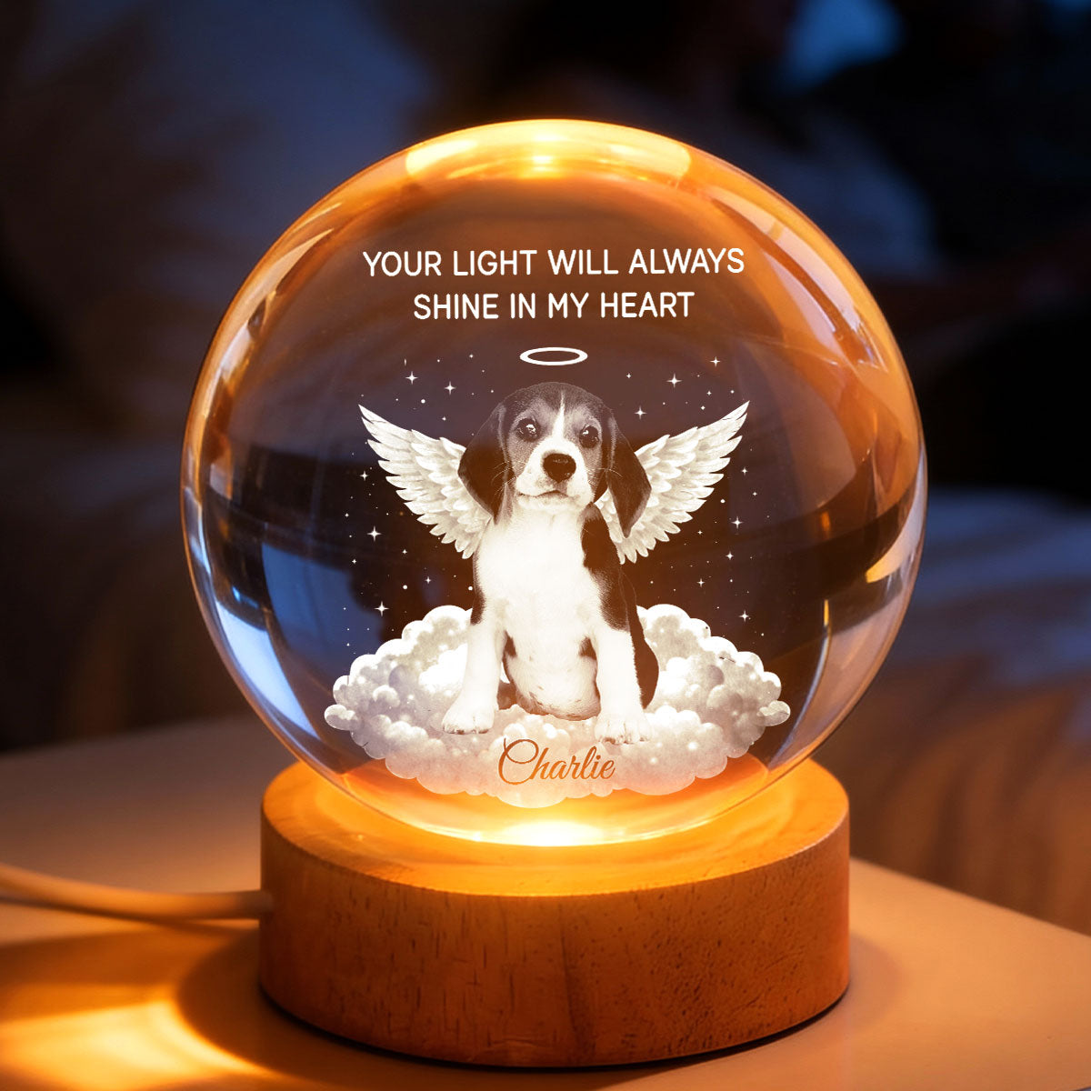 Personalized Crystal Ball LED Night Light Pet Memorial Gift, Angel Wings Quote, Warm Glow Bedside Keepsake