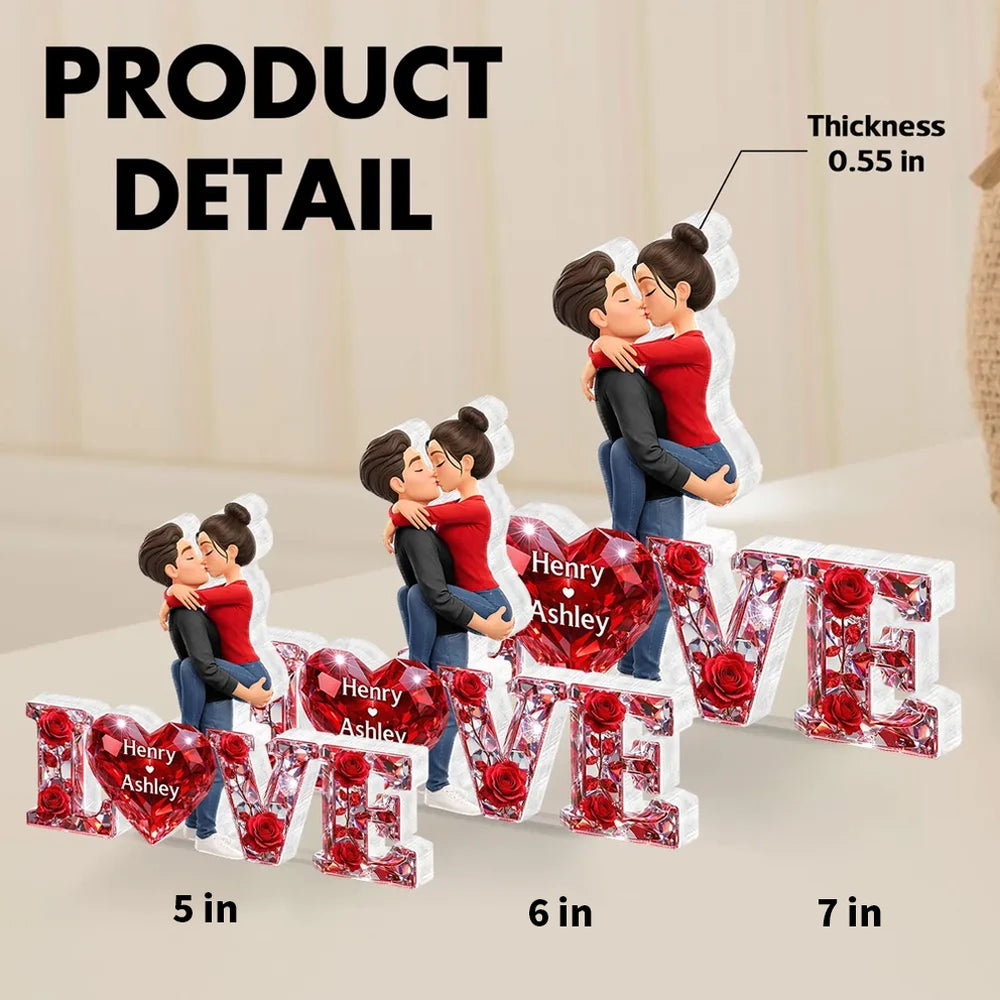 Personalized Shaped Acrylic Block Plaque Kissing Couple with LOVE Heart Roses Romantic Shelf Decor Unique Gift