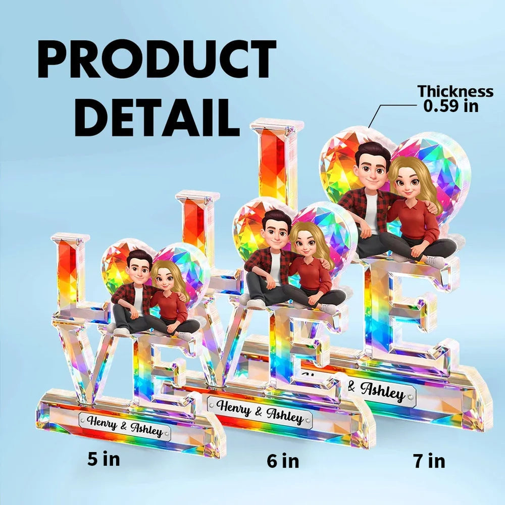 Personalized Shaped Acrylic Block Plaque LOVE with Heart & Cute Couple Sitting - Unique Valentine's Gift for Him or Her