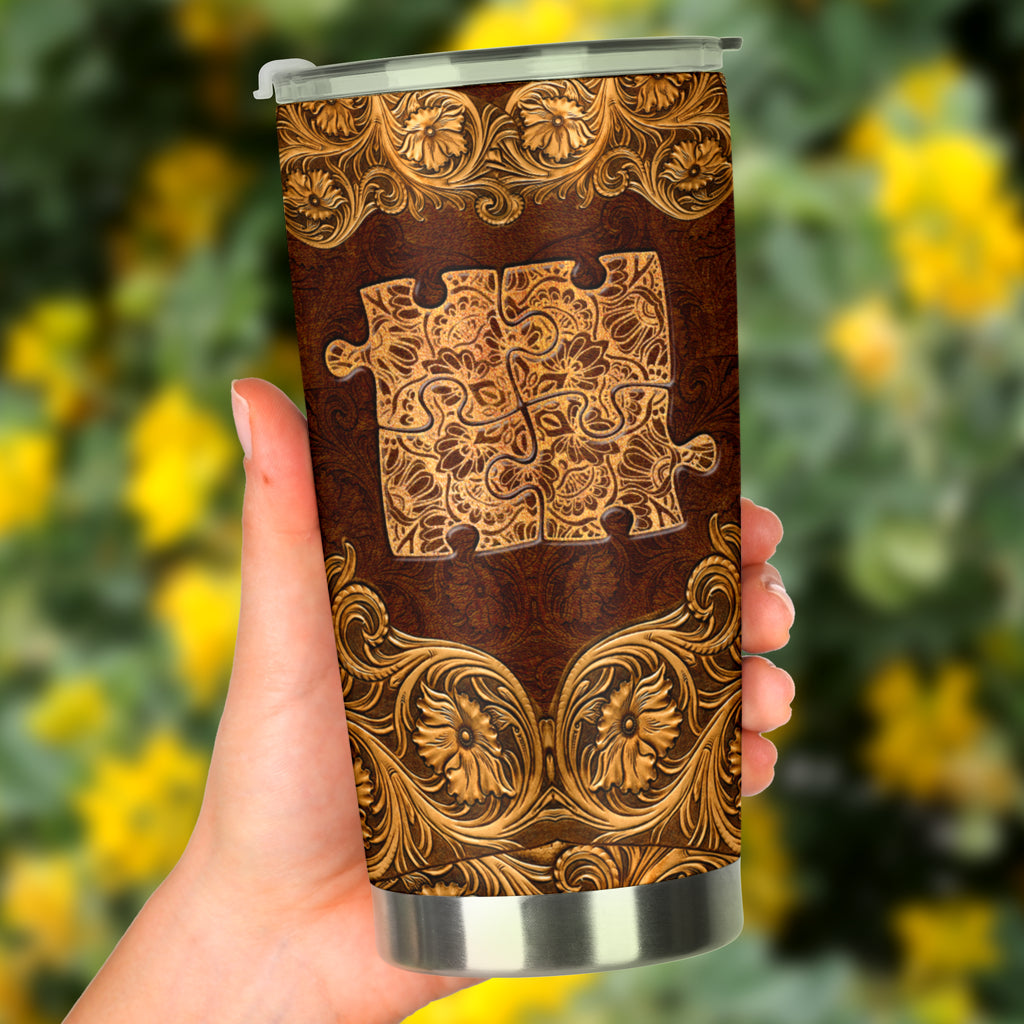 Autism Leather Pattern Print Autism Awareness Tumbler 0622