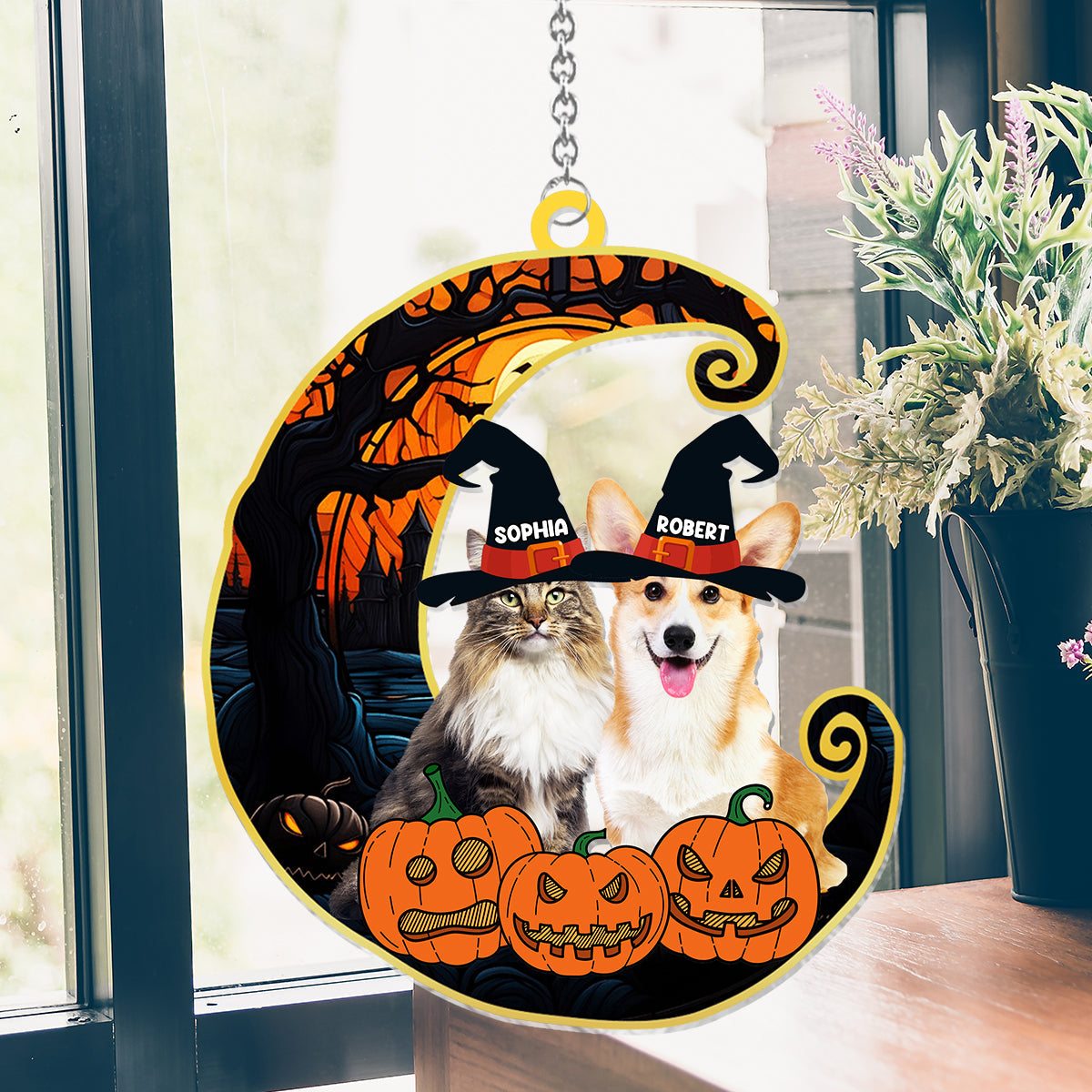 Cute Halloween Pets - Personalized Dog Window Hanging Suncatcher Ornament