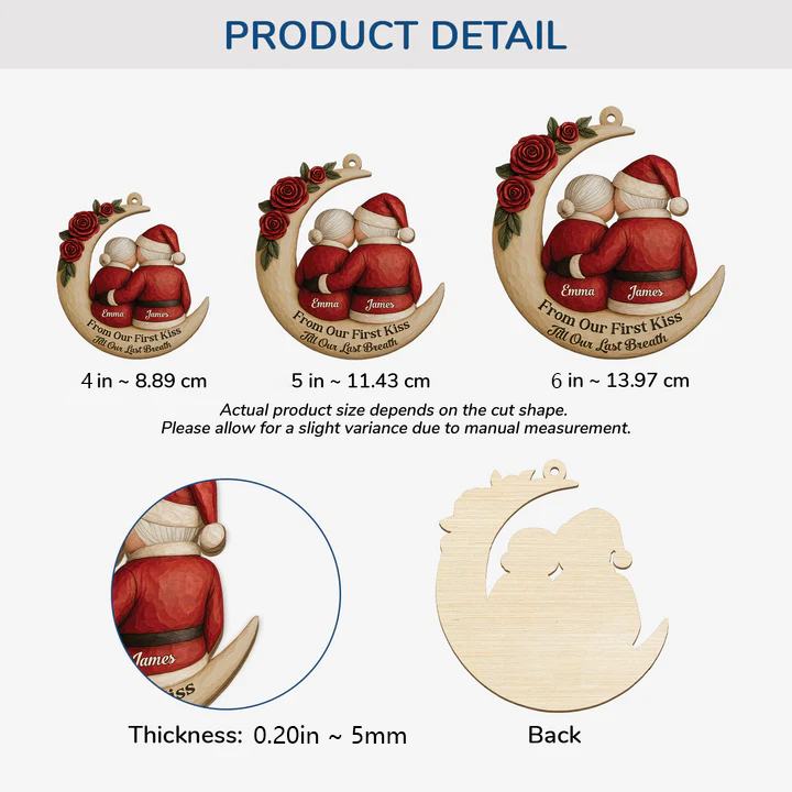 Wooden Ornament, crescent with roses and hugging Santa couple, cozy Christmas decor, creative gift for wife & husband
