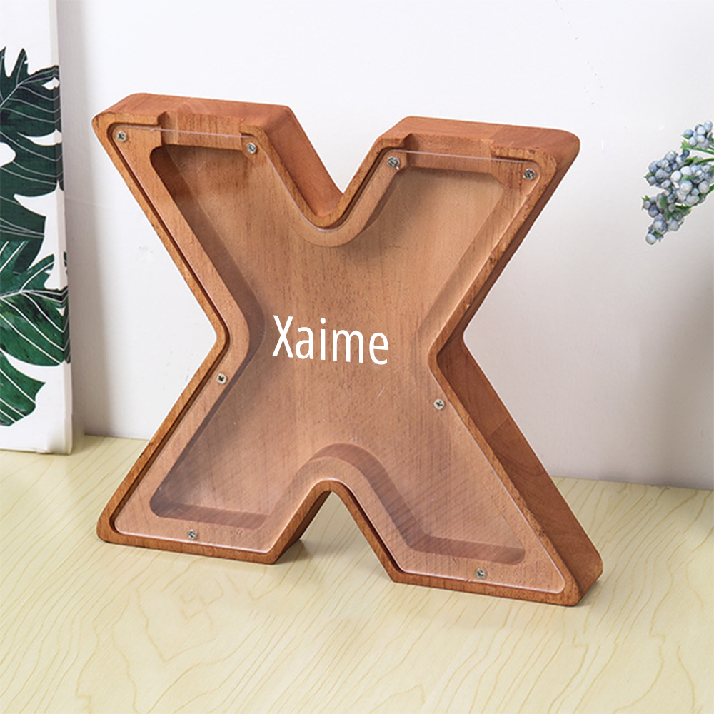 Custom Initial And Name - Personalized Letter And Name Brown Wooden Piggy Bank