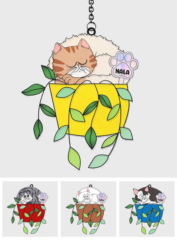 Chill Cat In A Flowerpot - Personalized Cat Window Hanging Suncatcher Ornament