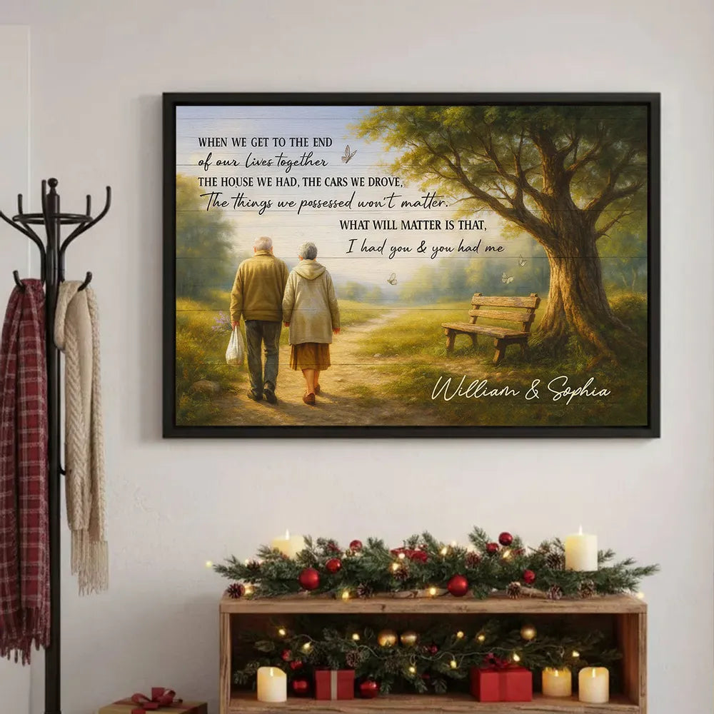 Custom Couple Poster Wall Art – Elderly Pair on Forest Path, Heartfelt Personalized Print, Romantic Keepsake Gift for Lifelong Partners