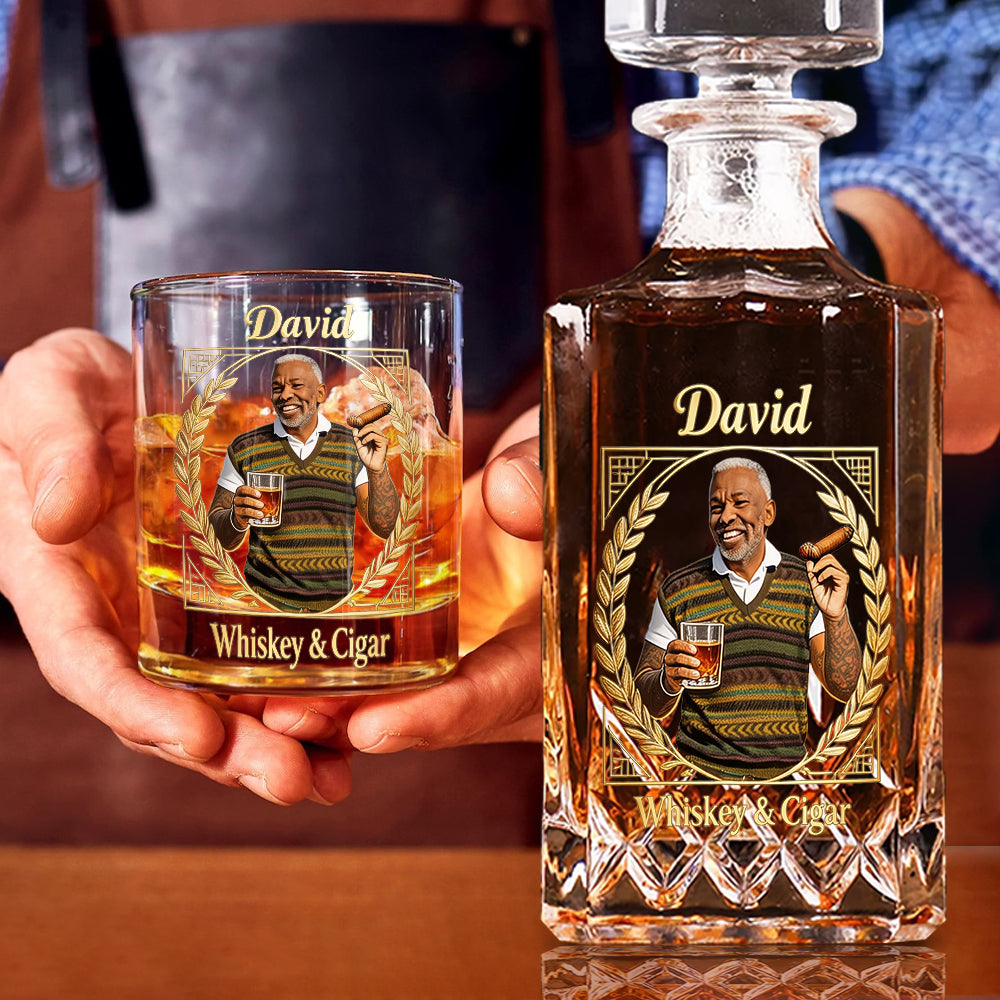 Custom Any Photo, Whiskey & Cigar - Personalized Whisky Whiskey Decanter Set