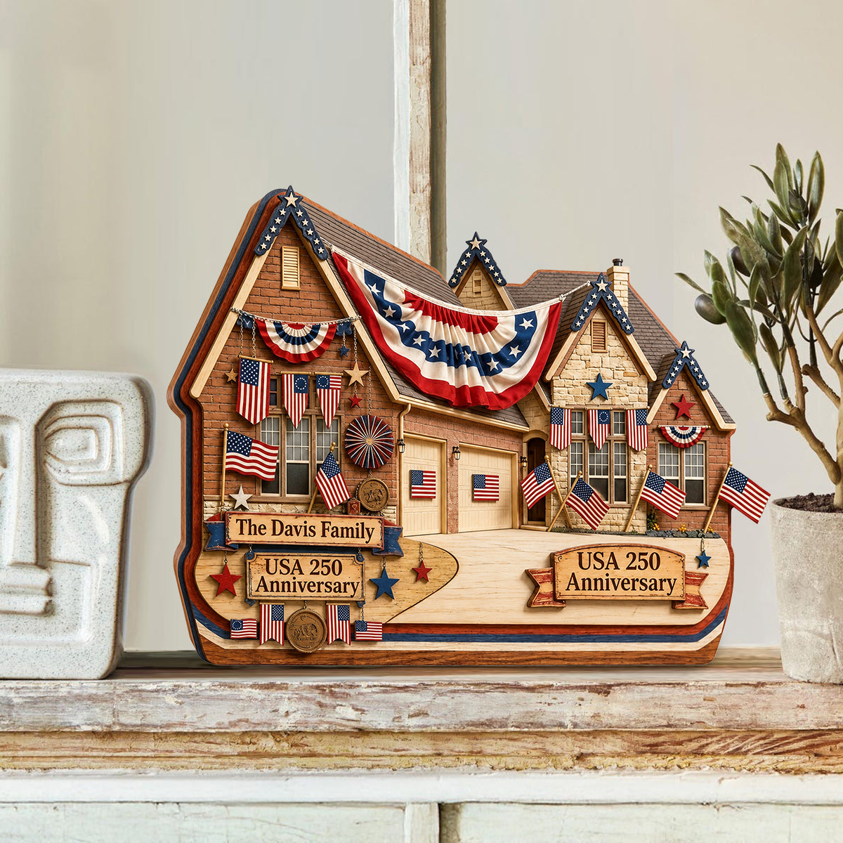 American House 250 Anniversary - Personalized Family Custom Shaped Wood Plaque